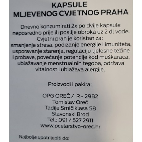 Mljeveni cvjetni prah u kapsulama 100 komada | Proizvodnja OPG Oreč